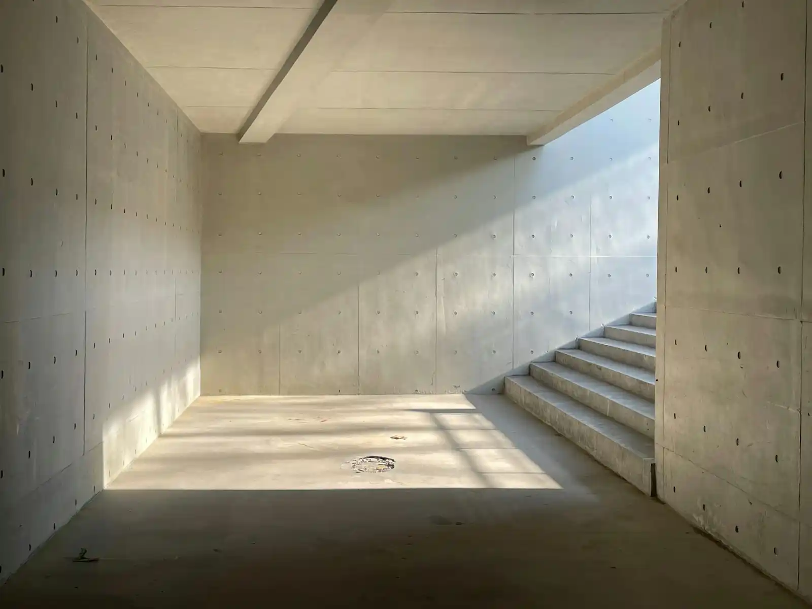 A raw concrete basement room with daylight falling down the stairs